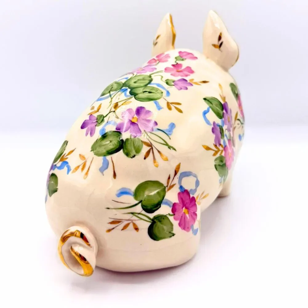 Vintage Floral Ceramic Pig Figurine Statue Country Cottagecore Farmhouse Decor